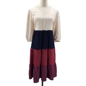 BLOOMCHIC SZ 12 L cream blue red color block tiered vneck midi dress NWT B136